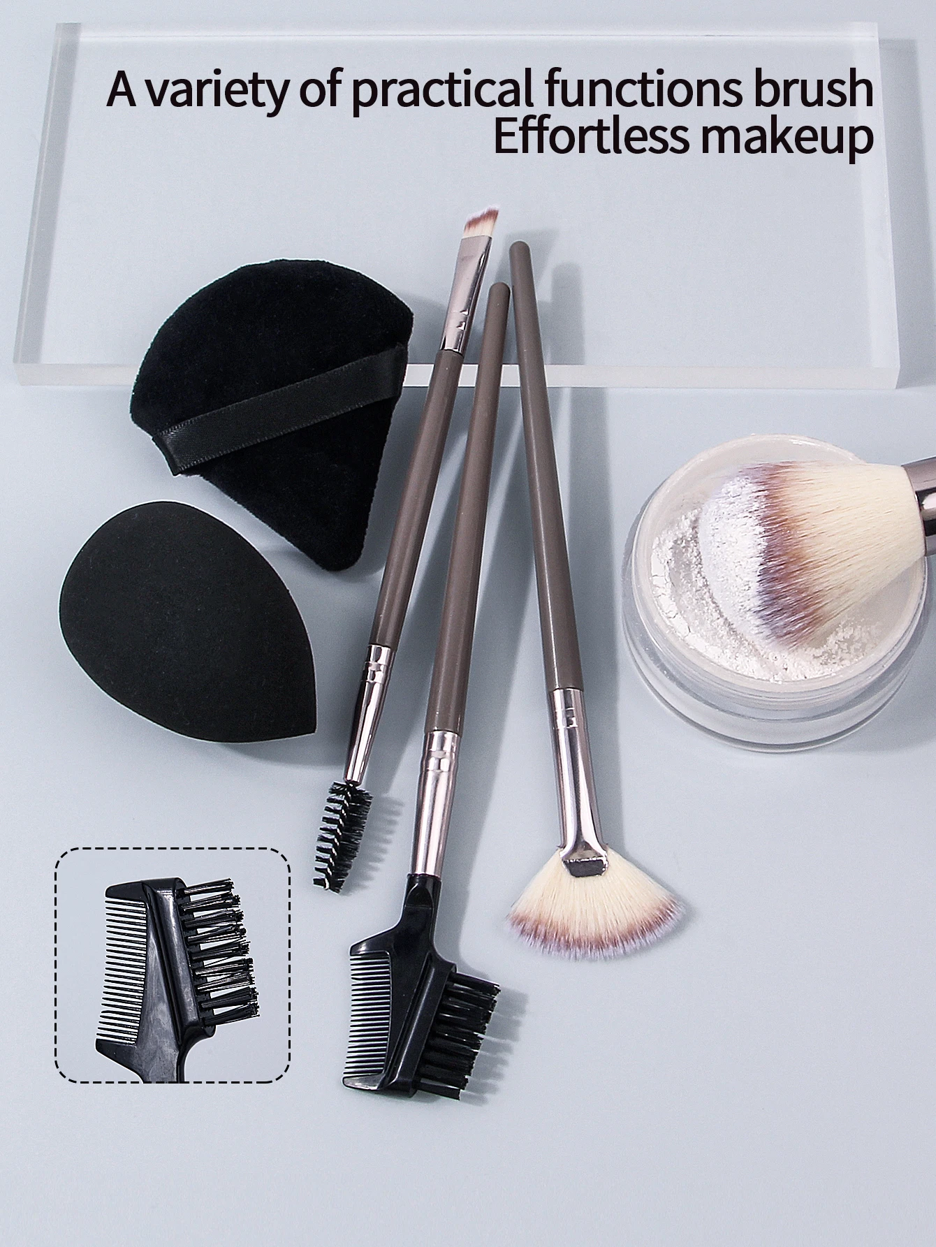 19pcs Professional Makeup Brush Kit,15Brushes+2Powder Puffs+2Makeup Sponges,Portable Complete CosmeticTools Set for Daily&Travel