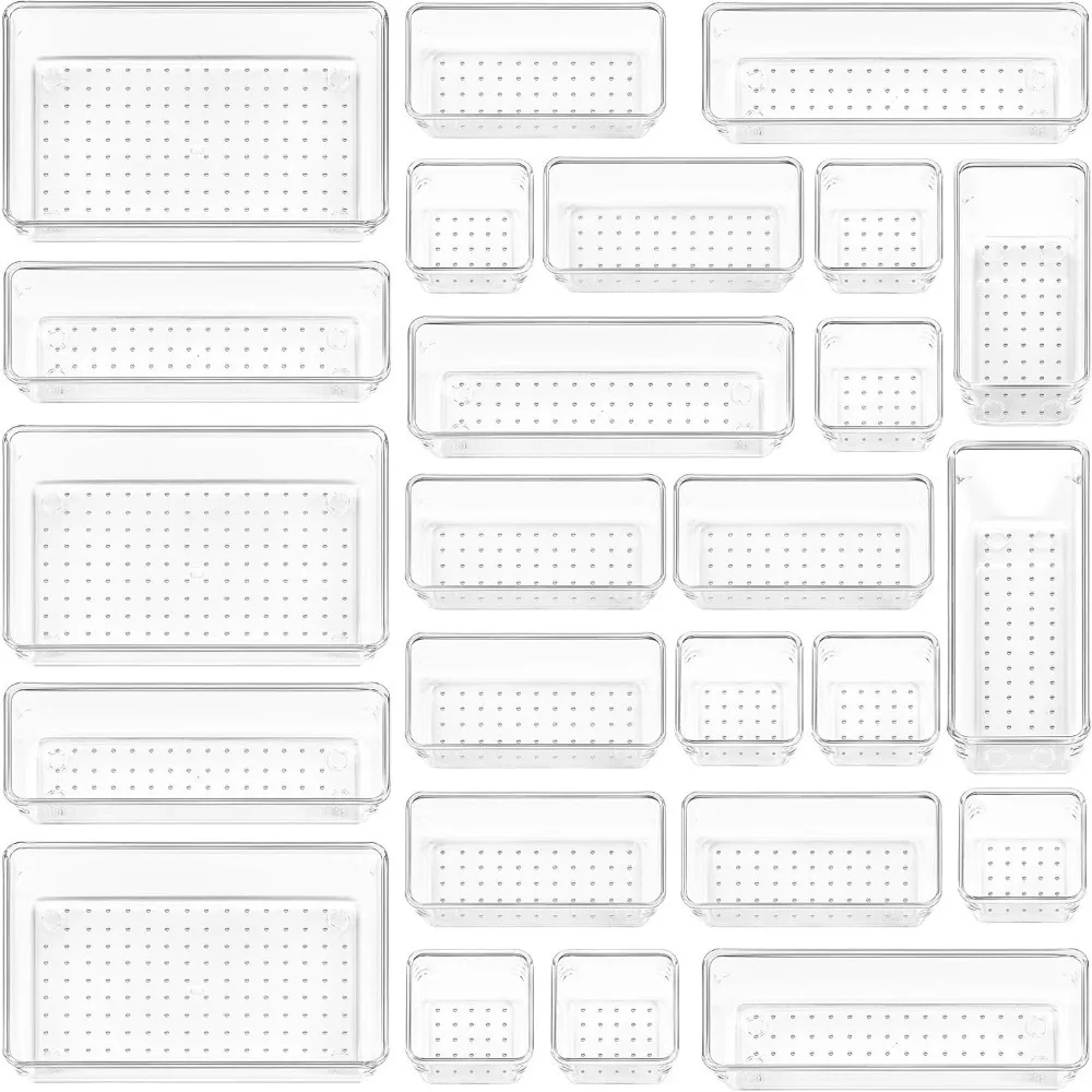 

Набор органайзеров для ящиков из прозрачного пластика, 25 шт., универсальные лотки-органайзеры для ванной комнаты и туалетного столика 4 размера, контейнеры для хранения для макияжа