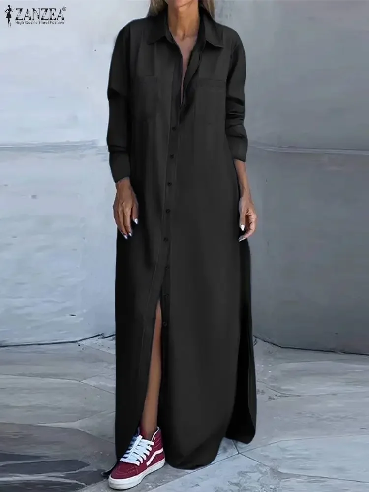 2025 ZANZEA Moda Autunno Camicia Abito Donna Elegante Risvolto Collo Manica Lunga Robe Maxi Abiti Ufficio Vestito Estivo Split Hem Abiti