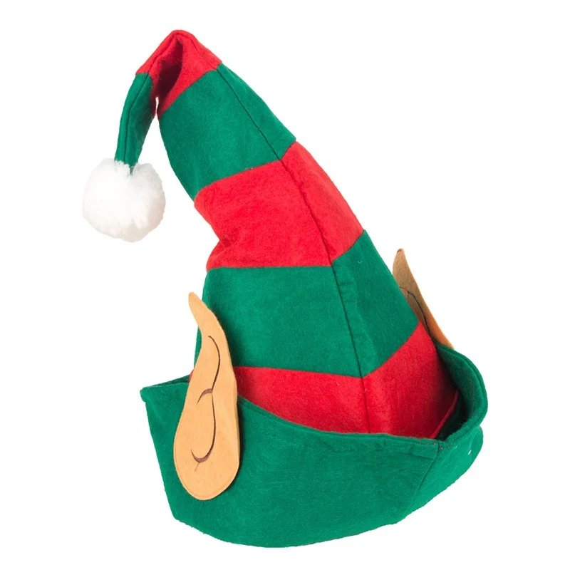 46x36cm Soft Non-Woven Christmas Elf Hat For Most People Red Green Striped Hat With White Pom Elf Ears Navidad Xmas Ornament