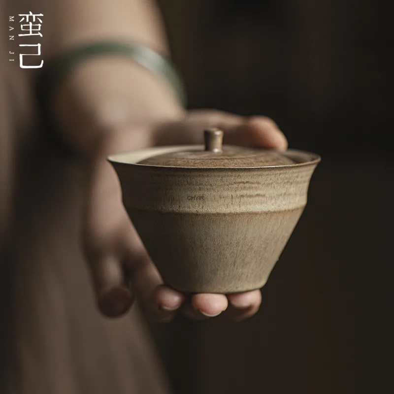 

Manji Jingjifeng Coarse Pottery Covered Bowl Kung Fu Tea Set Household Old Rock Clay Tea Bowl Japanese Antique Clay Main Brewing