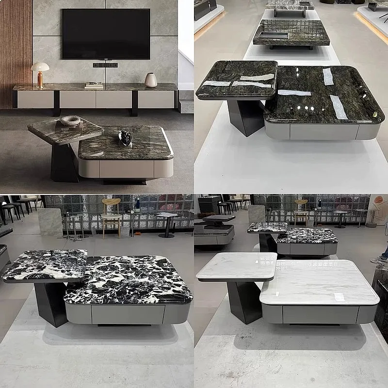 Luxury Italian Natural Platinum Diamond Stone Coffee Table & Marble TV Stand Set Villa Living Room