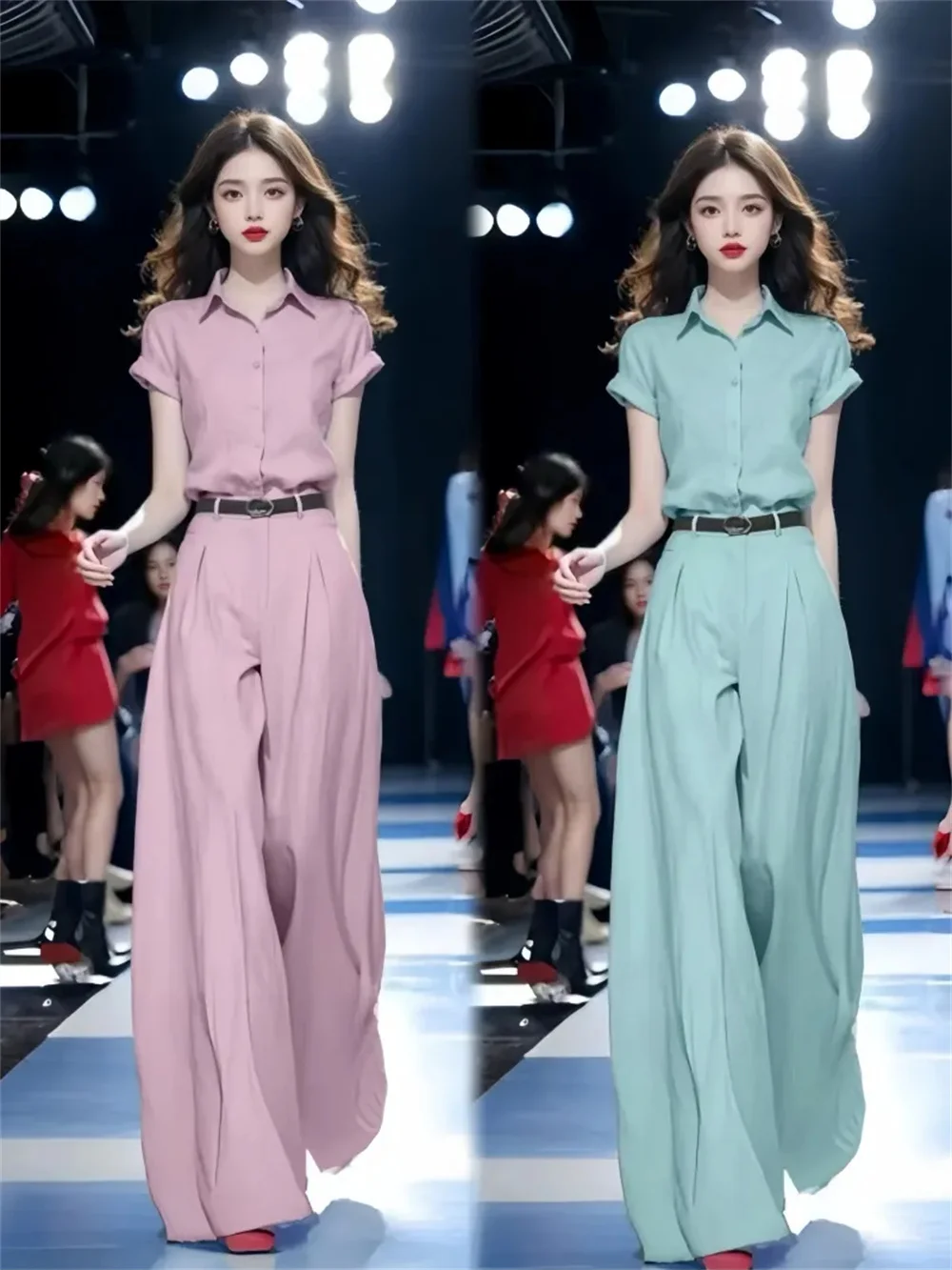 

2025 New Shirt Jumpsuit Women's Autumn Commuting High-End Feeling Socialite High Waist Wide Leg Hanging Suspender Pants Set XXL