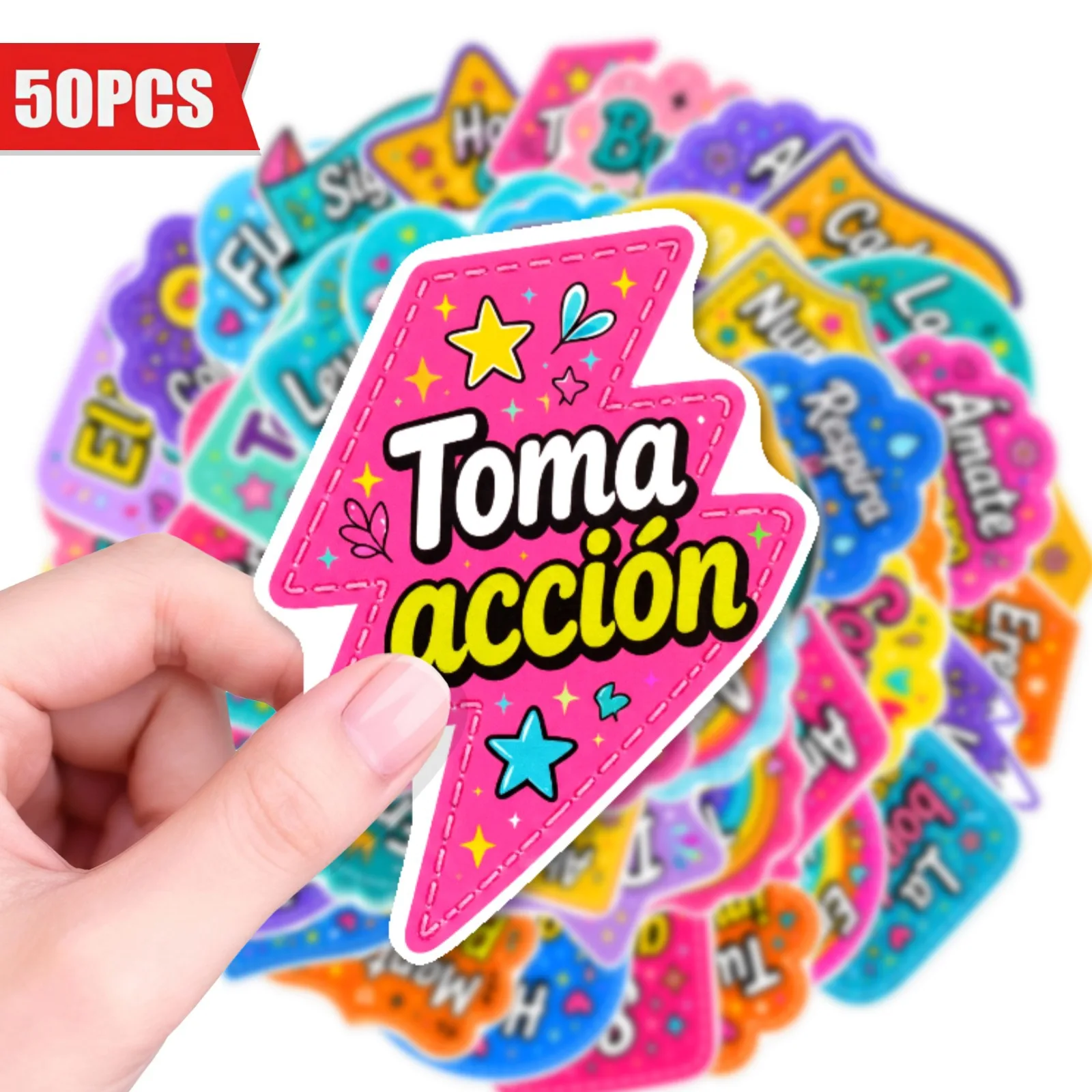 50 PCS Rainbow Color Inspirational Spanish Personality Stickers Luggage Diary Phone Guitar Greeting Card Non Repeated Decals
