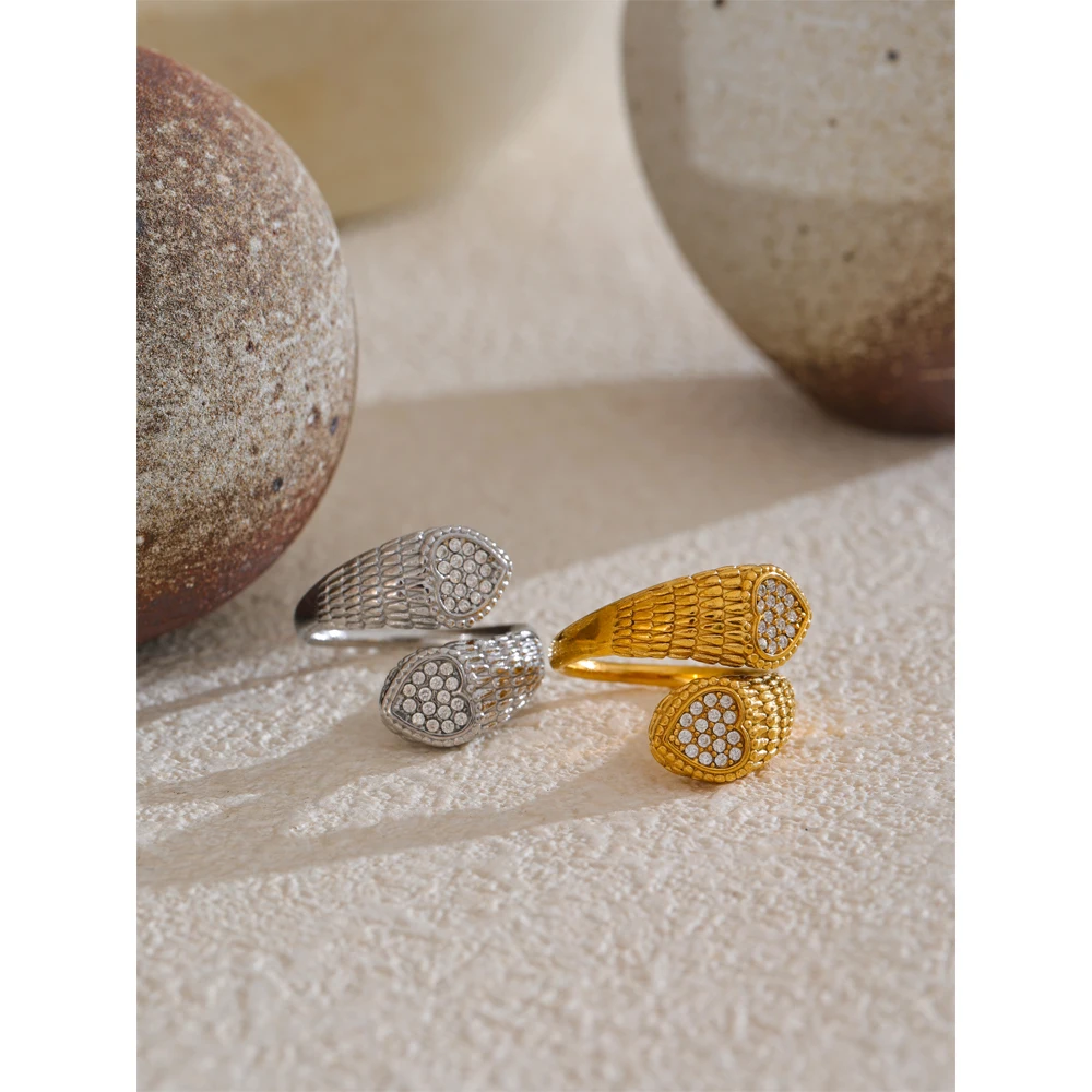 Yhpup Stylowy regulowany pierścionek ze stali nierdzewnej z cyrkoniami w kształcie serca węża dla kobiet 18K PVD Plated Jewelry New — zdjęcie 3