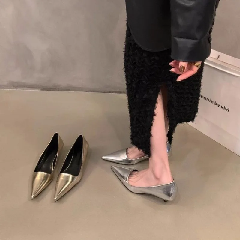 2024 New Women Low Kitten Heel Single Shoes,Fashion Low Heels,Out Slip on,35-39,Black,Gold,Silver, womens shoes  gold heels