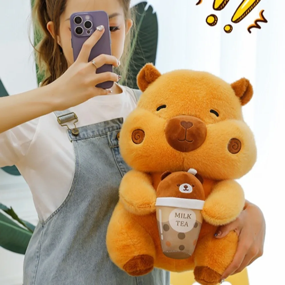 Lindo beber té de la leche Capybara juguete de peluche estilo Q simulación Capybara muñeca suave dibujos animados Capibara juguete esponjoso regalo de cumpleaños