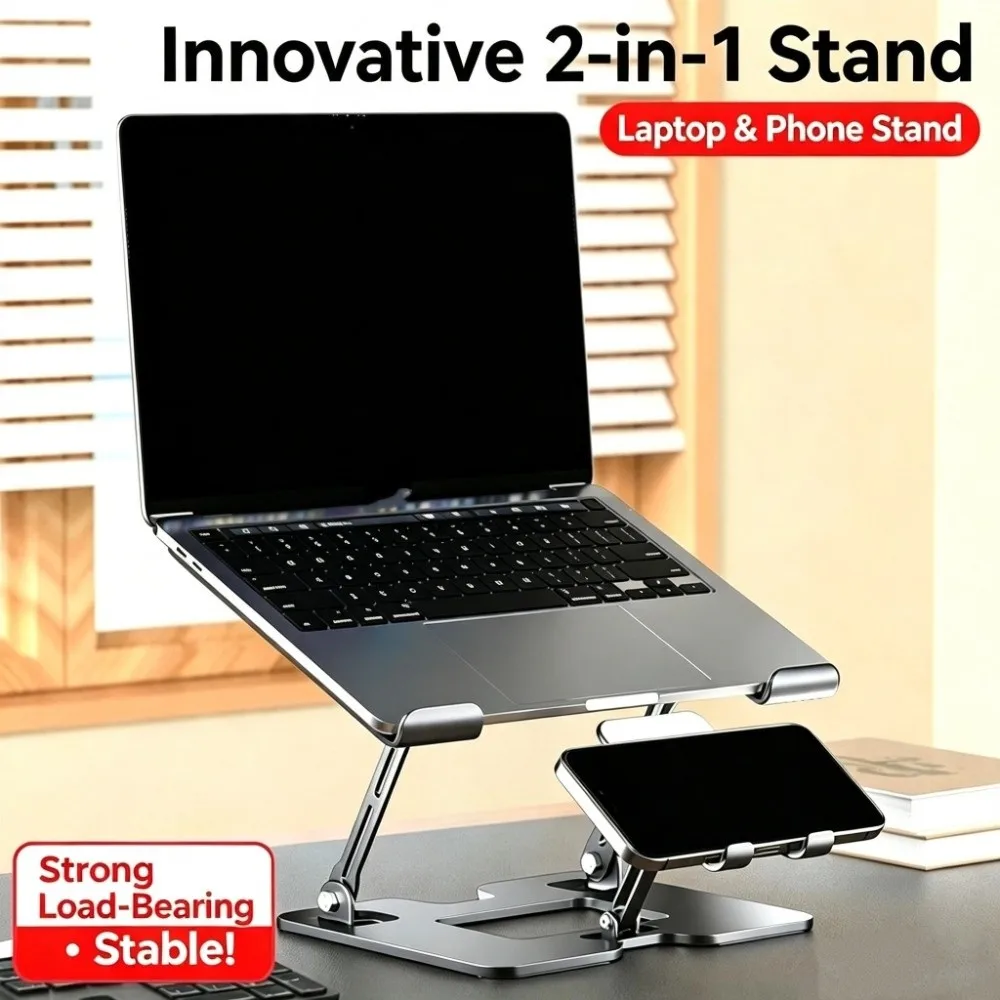 2-in-1 Laptop Stand Phone Holder Carbon Steel Ergonomic Laptop Cooling Stand Multifunctional Heavy Duty Notebook Rack
