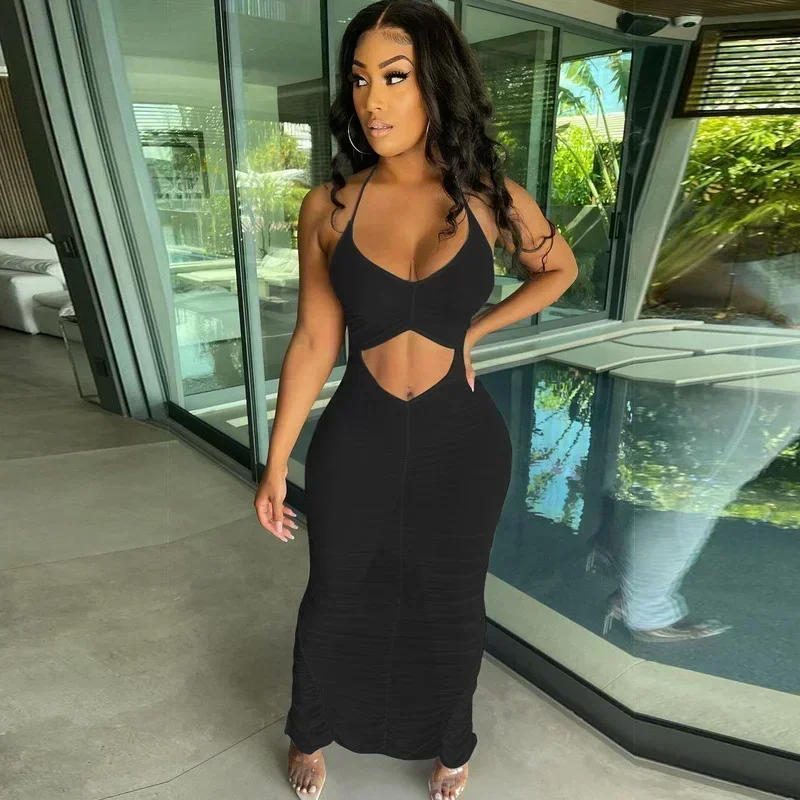 GUWU Uitgesneden Spaghetti Band Effen Kleur Zien Door Mesh Feestjurken Hol Sexy Club Vrouwen Lange Jurk