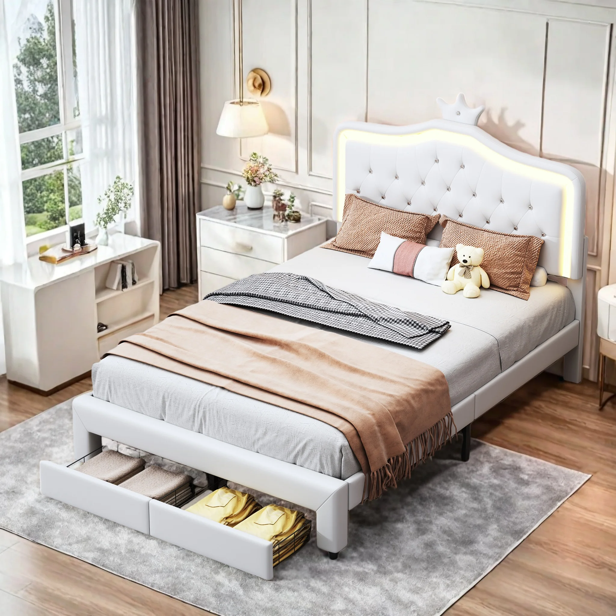 Anajqaqia Base de Cama Suave con Cajones de Almacenamiento, Cabecero LED, Muebles de Dormitorio Modernos, Tamaños 90x200/140x200cm