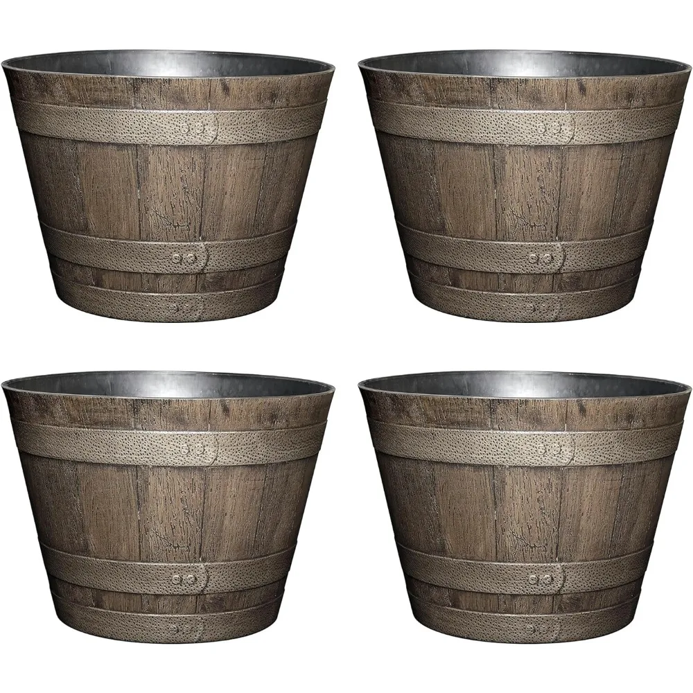 

Whiskey Plastic Resin Flower Pot Barrel Planter, Oak Brown, 20.5" (4 Pack)