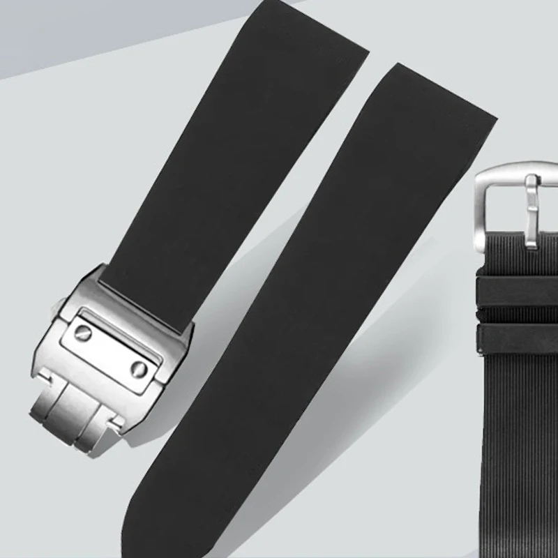 

For Cartier Santos 100 W2020007 Waterproof Rubber Watch strap 25mm black soft Silicone Stainless steel watch buckle Watchband