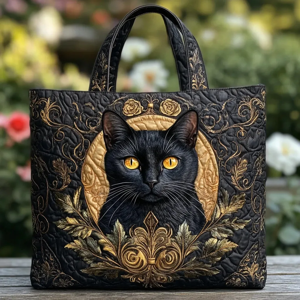 Vintage Black Cat Print Quilted Tote Bag, Gothic Ornate Cat Canvas Shoulder Bag, Stylish Daily Handbag for Women view 3