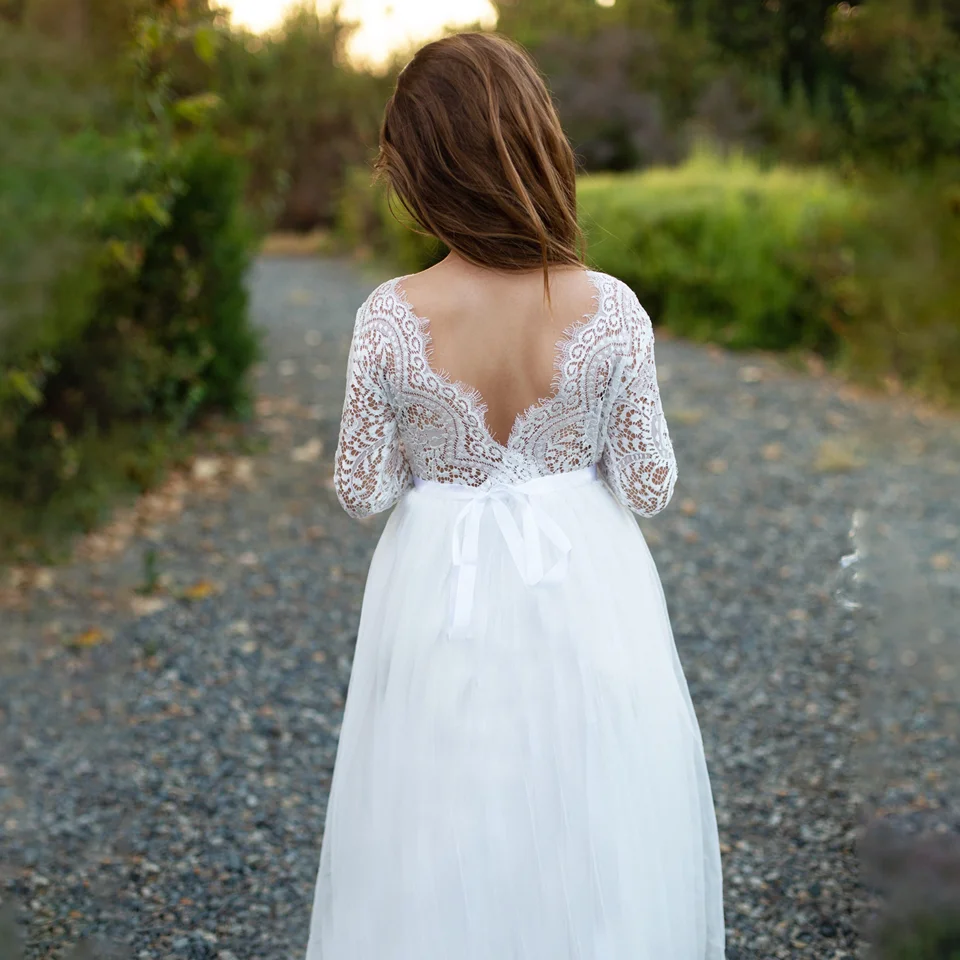 Vestidos florais brancos brilhantes, elegante princesa vestido de baile para crianças, festa de aniversário, arco simples, até o chão, vestido de primeira comunhão