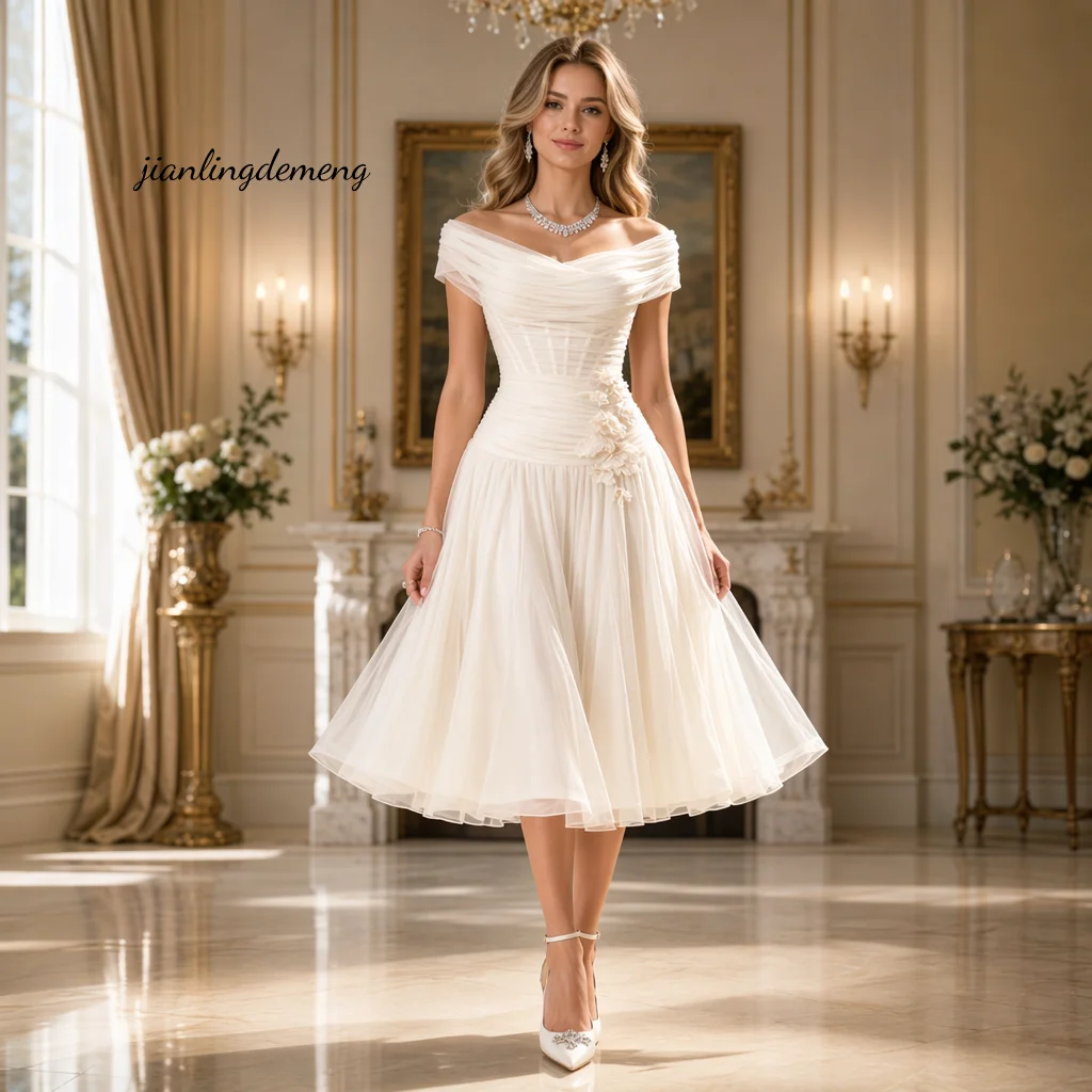 Romantic Vintage Ivory Tulle Wedding Dress A Line Off Shoulder Ruched Corset 3D Floral Civil Elopement Bridal Gown Customized