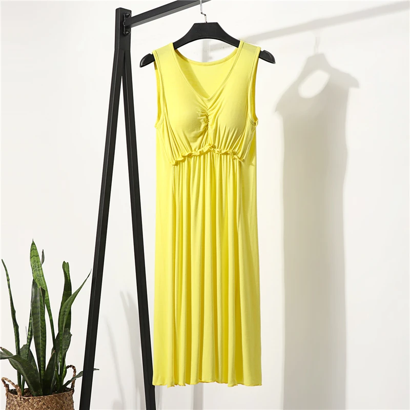 Summer Modal Sleeveless Long Dress Women Nightdress Oversize Elasticity Casual Loose V-neck Camisole Bottoming Dress with Bra