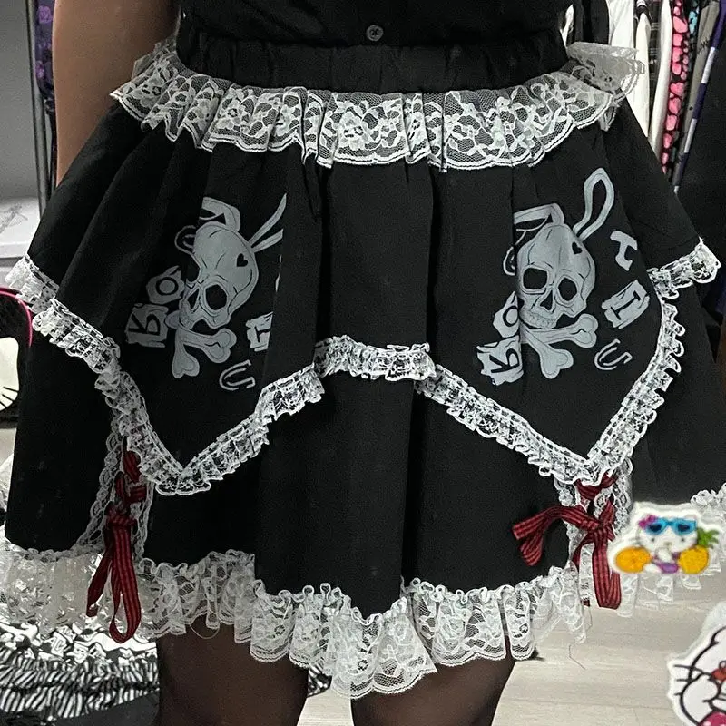 IUM Japanese Harajuku Women Skirts Gothic Skull Print Black Lace Skirt Y2k Punk Lolita High Waist Cake Mini Skirt Chic Streetwea