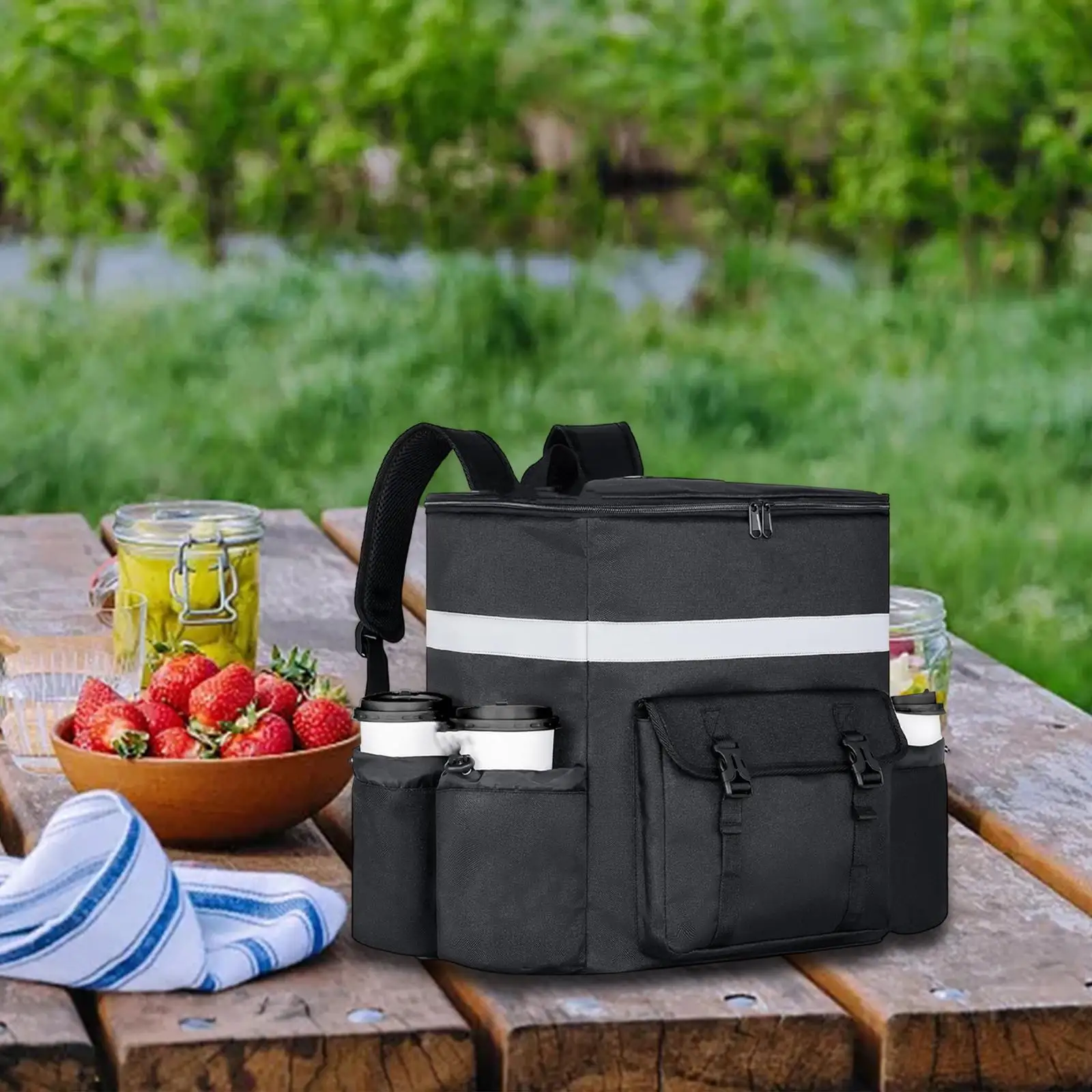 

Food Delivery Backpack Reusable with 4 Pockets Reflective Strip Insulated Pizza Delivery Bag for Trip Beach BBQ Holiday Work