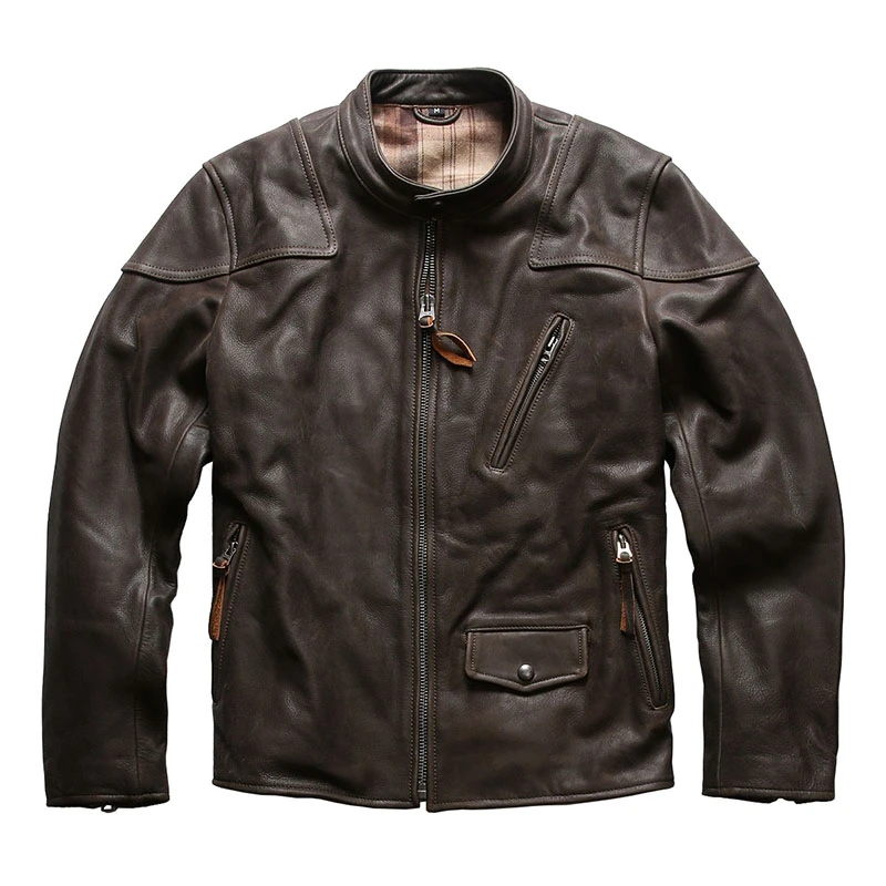 

Retro Brown Autumn Leather Jacket Men Vintage Style Stand Collar Genuine Natural Cowhide Slim Fit Leather Coat