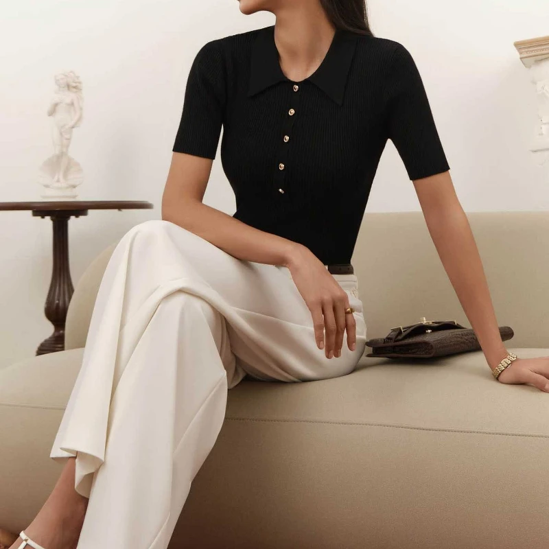 Knit Sweater Pullover for Women Lapel Ribbed Short Sleeve Fashion Cropped Top Tee Summer 2026 Knitwear Y2k Pullover Female