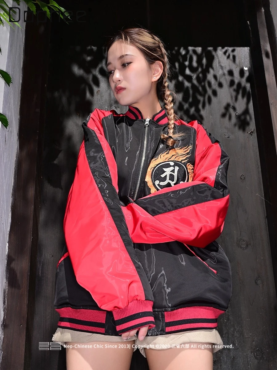 Street Fashion High-End Retro Cartoon Embroidery Baseball Jacket Autumn New Gothic Patchwork Loose Casual Jackets for Women