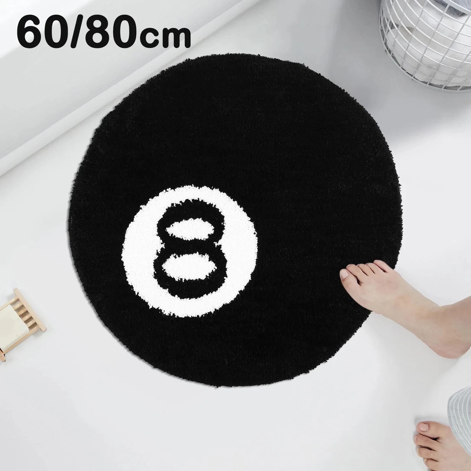 

8 Ball Bathroom Rug Anti-slip Flocking Bath Absorbent Floor Mat Simulation Billiards Round Carpet for Bedroom Home Decor 60/80cm