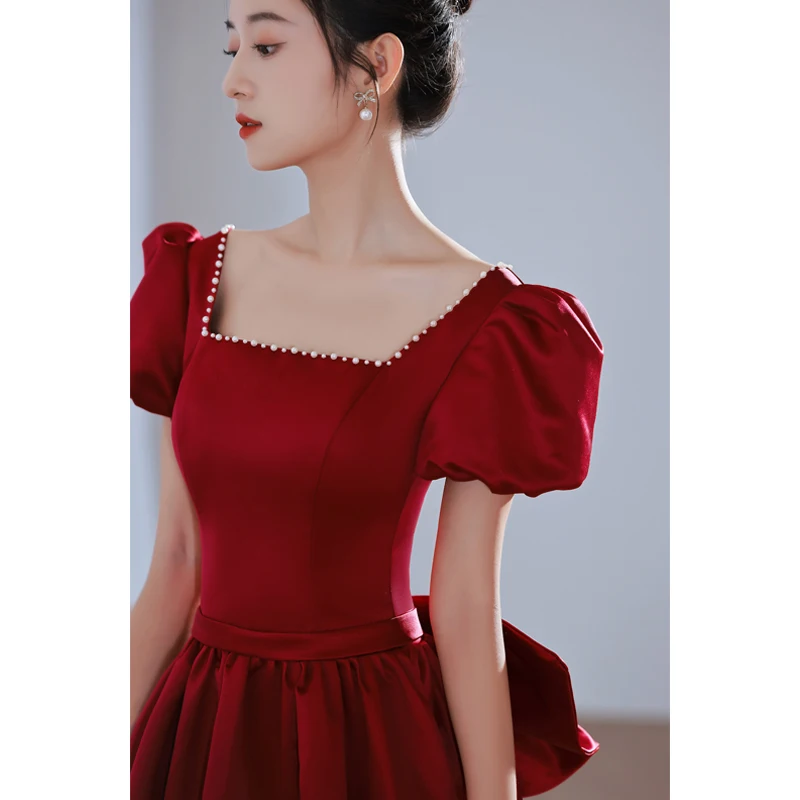 

Свадебное платье из атласа с коротким рукавом, миди, женское, элегантное, приталенное, в корейском стиле, для свадебного торжества