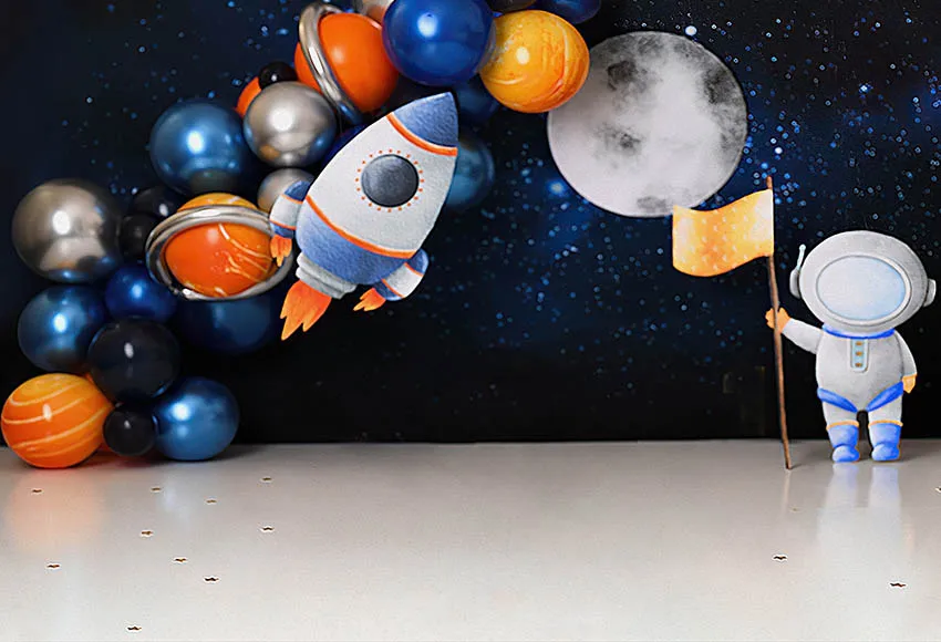 ستارة خلفية للتصوير الفوتوغرافي من Mehofond مرسوم عليها الكون وكوكب الفضاء رائد فضاء صبي حفل عيد ميلاد كعكة تحطيم ديكور بالون خلفية استوديو تصوير