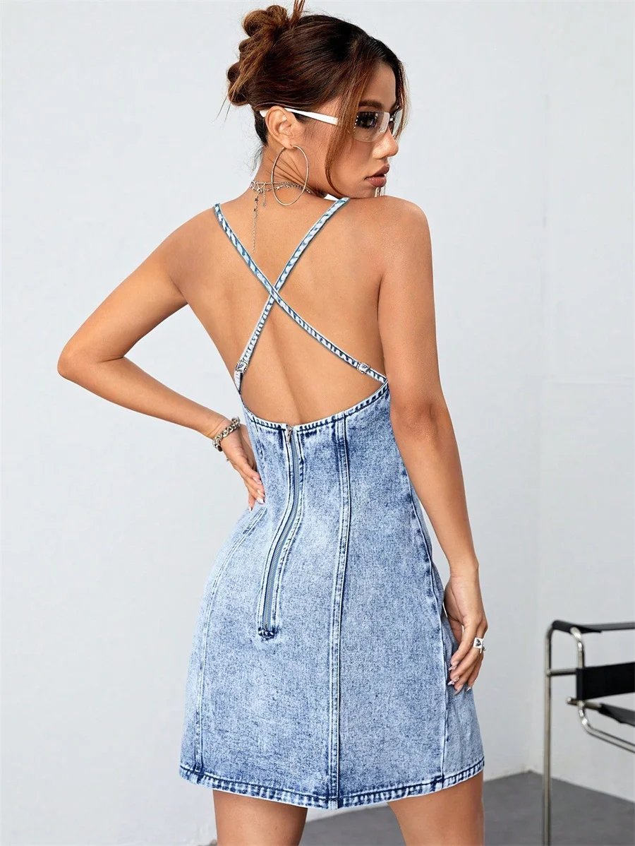 Benuynffy Deep V-neck Sexy Denim Cami Dress Women's Slim-fit Backless Zipper Party Streetwear Split Mini A-Line Dresses