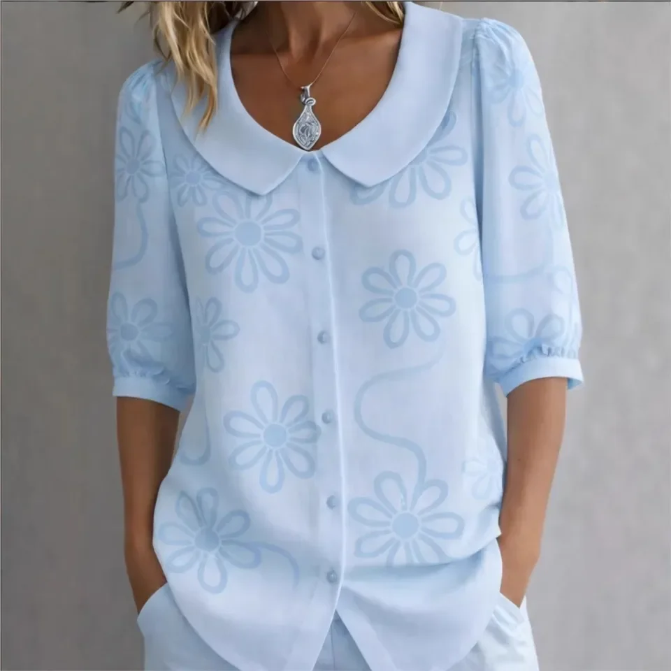 

Spring Summer Women's Shirt Casual Single Row Button Floral Print Doll Collar 5 Esleeve Tops Female Versatile Loose Office Shirt