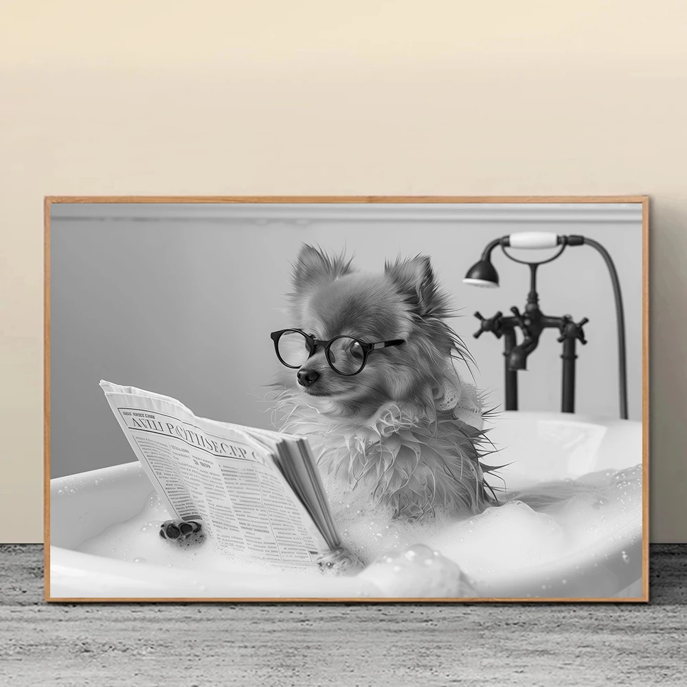 French Bulldog Sitting on Toilet Poster Corgi in Bathtub Canvas Painting Wall Art Black and White Print Bathroom Wall Decor