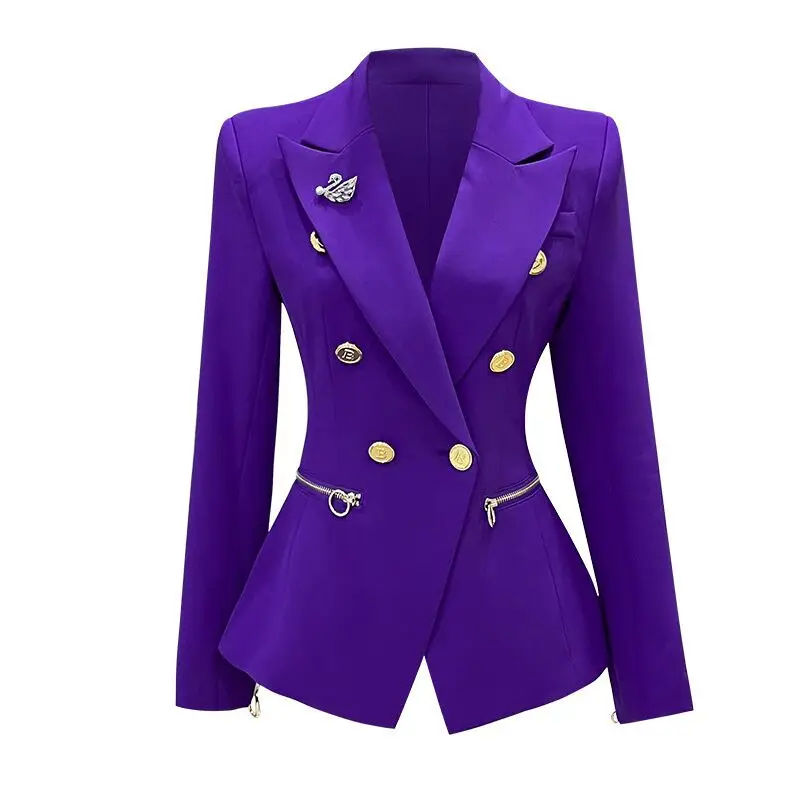 Women\'s Fashion Purple Color Blazer Set 2024 Spring Autumn Double Breasted Two Pieces Suits Elegant Ladies Blazer Coat +Trousers