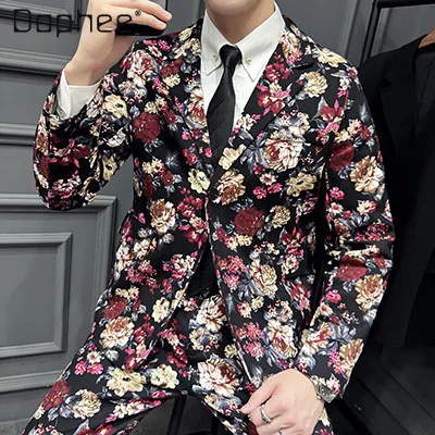 Spring and Autumn New Men's Unique Personality Navy Blue Red White Black Floral Print Blazer High Waist Straight-Leg Pants Suit