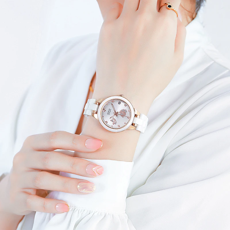 OUPAI round dial ceramic watch, women's  rhinestone scale, exquisite temperament, women's watch, calendar, fashion and casual