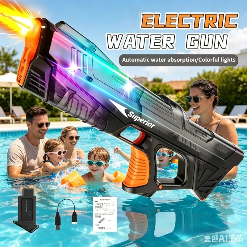 Simulated Firing Electric Water Gun Children Automatic Water Blasters with Colorful Light Summer Outdoor Beach Pool Toy for Kids