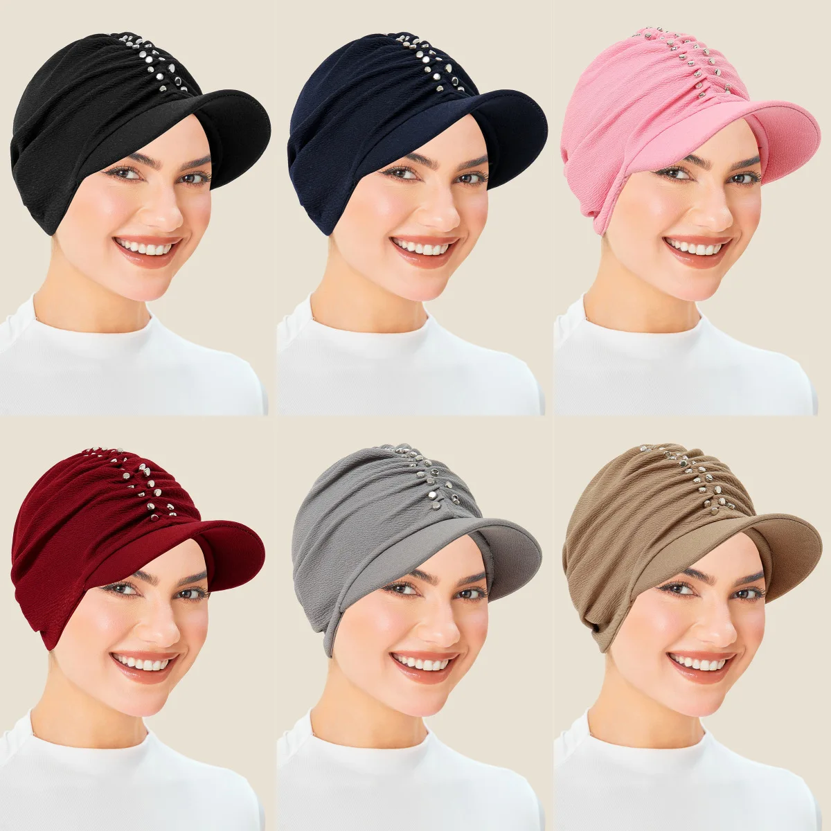 Moslim Vrouwen Brede Rand Hoed Diamanten Tulband Vizier Hoeden Baseball Cap Mode Geplooide Hoofddoek Motorkap Haaruitval Hoofddeksels Outdoor