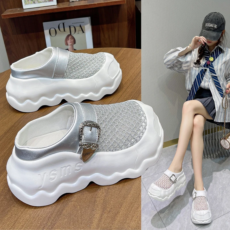 

Женские дышащие сетчатые мюли-шлепанцы на платформе с ремешком на пряжке, на массивной волнистой подошве, повседневные слипоны для лета