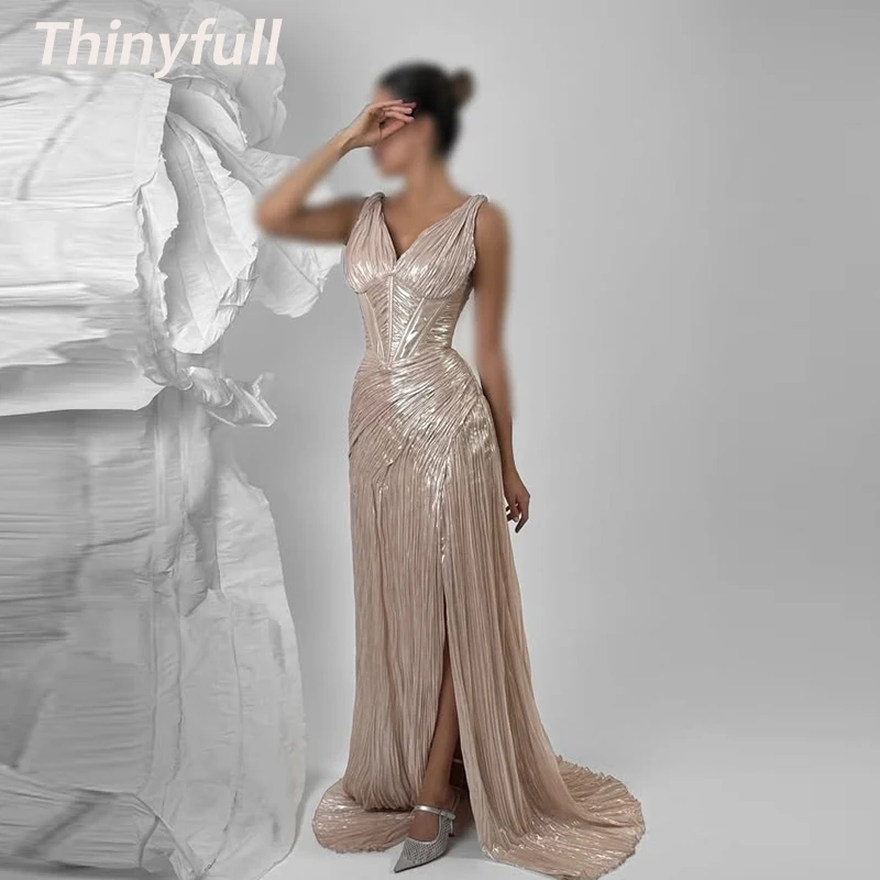 

Thinyfull Mermaid Arab Prom Dresses Sleeveless V-neck Pleat Evening Dress Spilt Long Formal Gown Robe De Soirée Customized
