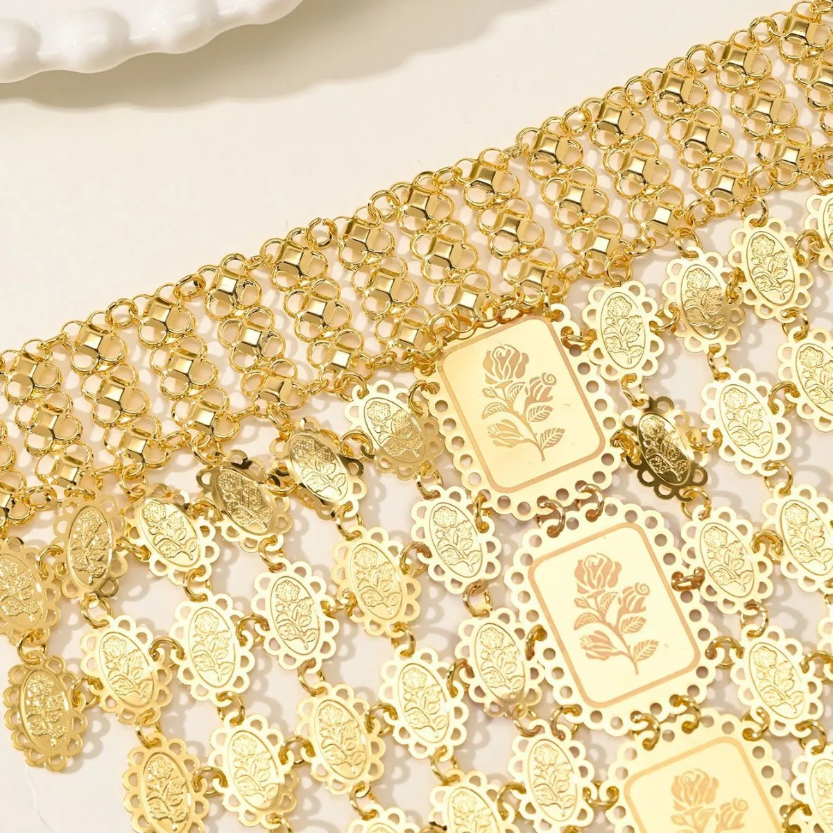 9999 gold hollow necklace and earrings set - laser engraved rose pattern - bridal wedding jewelry set