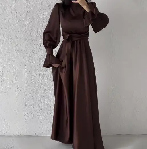 

Long Sleeved Lotus Leaf Sleeve Dress 2025 Tied Waist Slim Fit Hanging Feeling Fashionable Elegant Women's Clothing