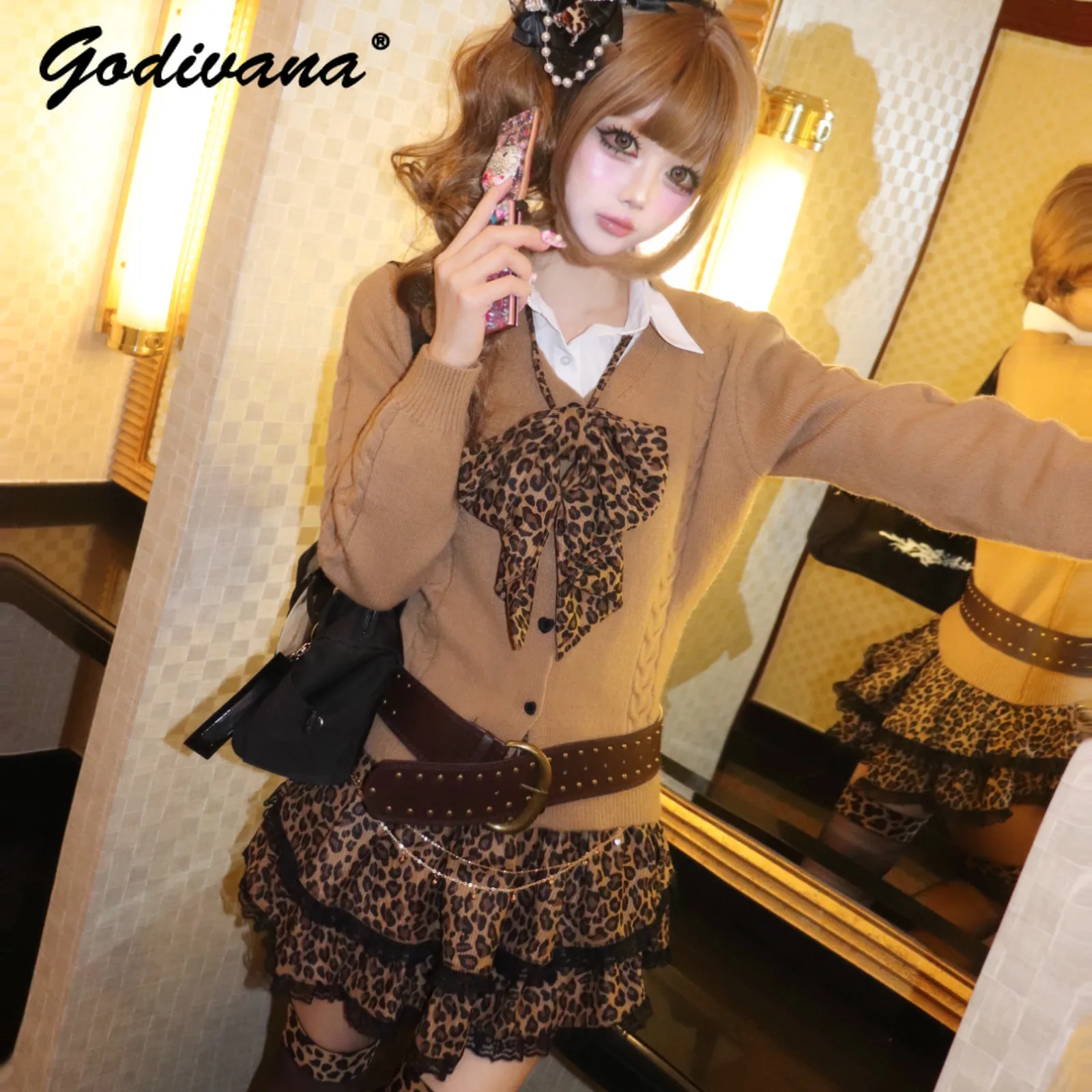 Harajuku Hot Girl Gal Style Bowknot Long Sleeve Shirt Knitted Cardigan Sweater Leopard Print Cake Skirt with Belt 4 Piece Sets