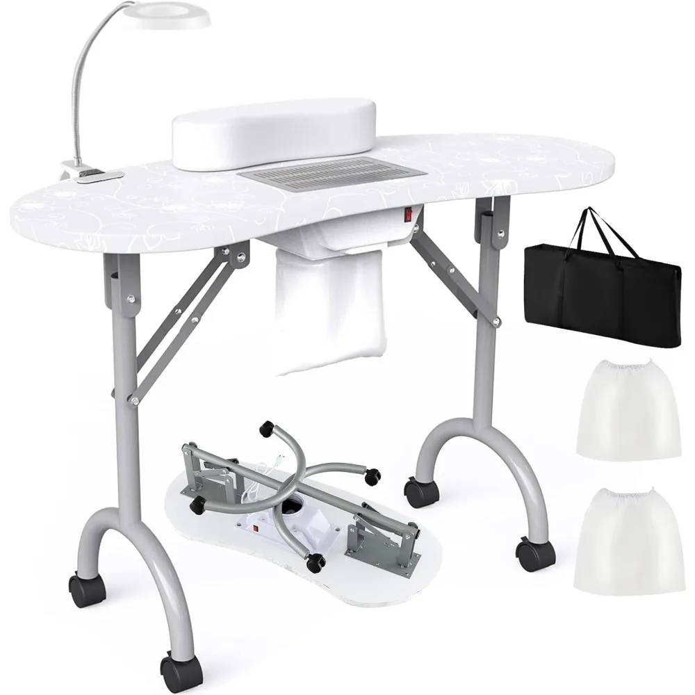 Nail Table All-in-One Manicure Desk w/Electric Dust Collector, LED Nail Lamp, Carry Bag & Wrist Cushion, Mobile Nail Desks