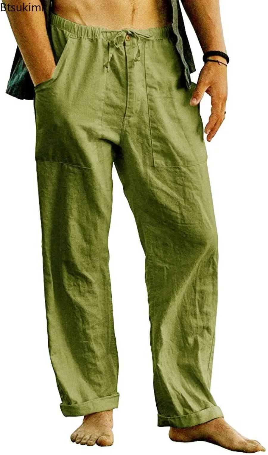 2026 Men\'s Breathable Cotton Linen Beach Pants Fashion Solid Loose Casual Trousers Summer Drawstring Pocket Straight Yoga Pants