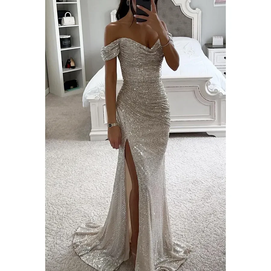 Autumn Sexy Off Shoulder Sequin Evening Dress Women Fashion Elegant Slash Neck Split Floor Sequin Party Dress Women