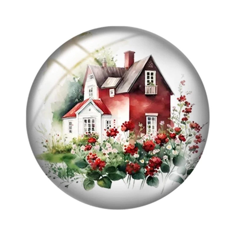 Watercolor cute red house with flowers  10pcs 12mm/18mm/20mm/25mm Round photo glass cabochon demo flat back Making findings