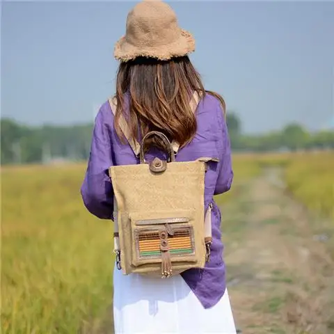 Mochila de lino y algodón para mujer, bolso de ocio de marca de lujo con borla de doble hombro, contraste de gran capacidad, 2022