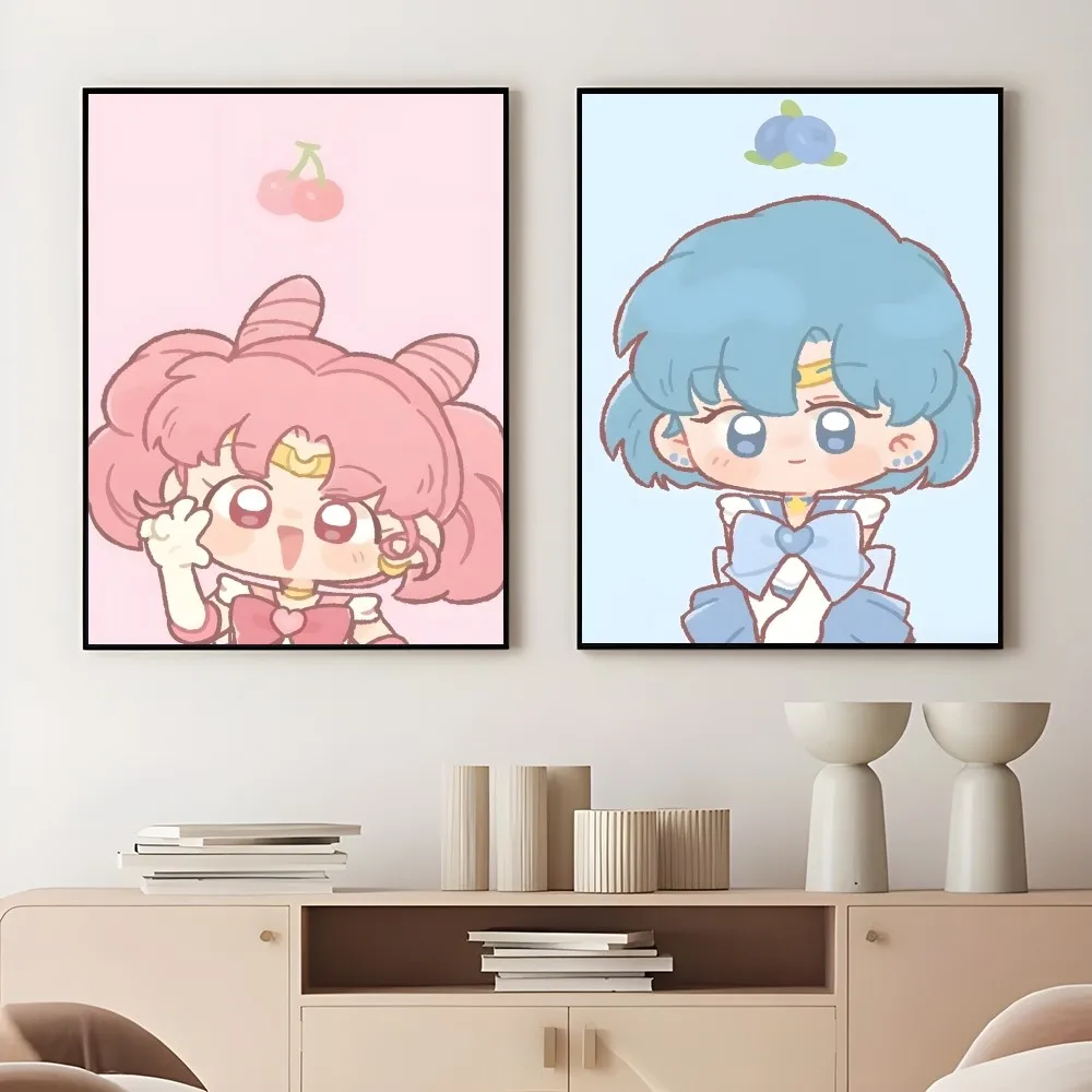 Pretty S-Sailor-Moon Anime Cute Poster Sticky Wall Art Printing Waterproof Home Living Bed Room Bar Aesthetic Decor