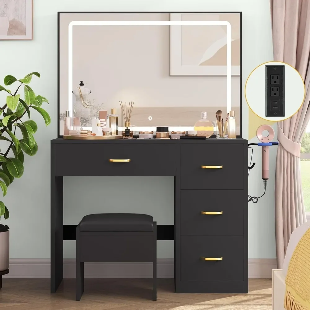 Brightness Adjustable Dressers for Bedroom Charcoal Black Toiletries Makeup Vanity Table Furniture Vanity With 4 Drawers Storage