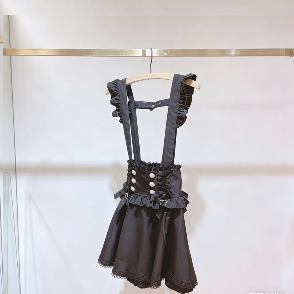 Gothic Lolita Retro Bow Pearl Buckle Ruffles Suspender Skirts Y2K Japanese Girls Sweet Kawaii Woman's Lace A-Line Mini Skirts view 2