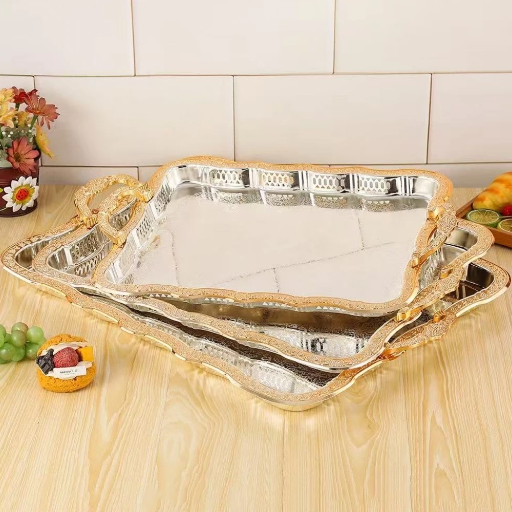 

Rectangle-Large Size Metal Cake Tray With Exquisite Plate Hollowed-Out Flower Silver Food Fruit Tray Home Wedding Decoration